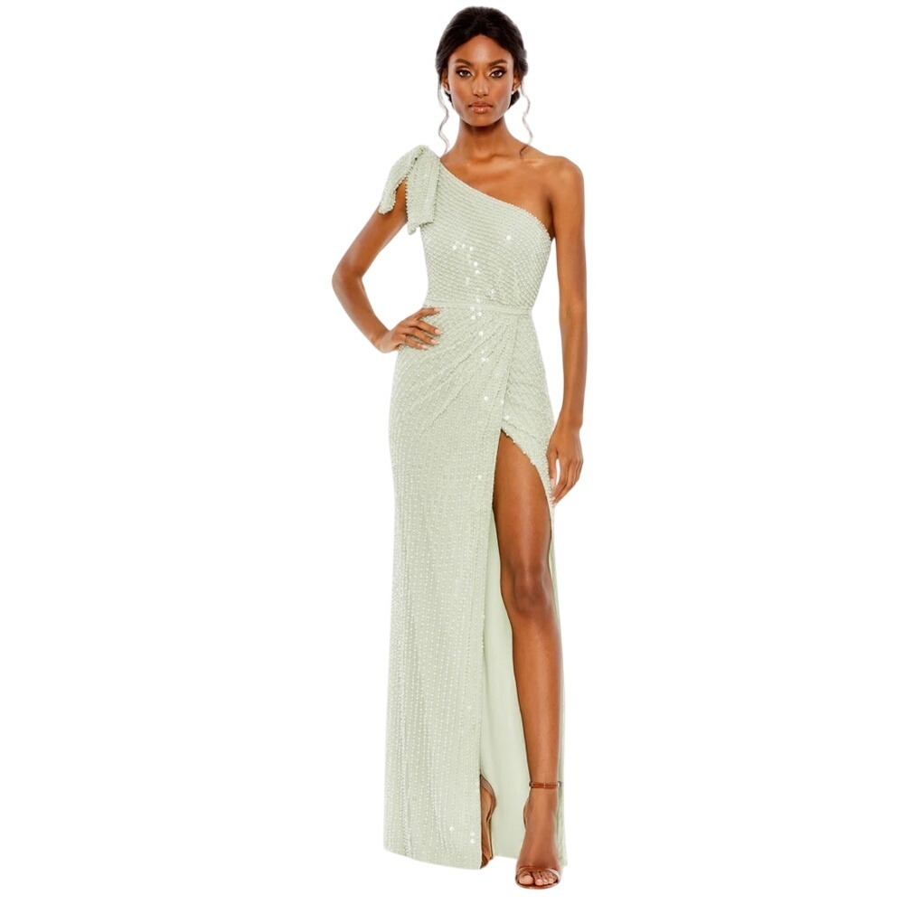 NWT Mac Duggal Pearl Embellished‎ Soft Tie One Shoulder Gown Mint Size 4